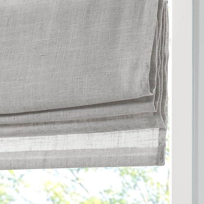 Madison Park Kyler Cordless Roman Shades - Single Panel, Lightweight Linen Blend Fabric, Natural Design, Easy Installation, Light Filtering Window Blind, Bedroom, Living Room Decor 35" W x 64" H Grey