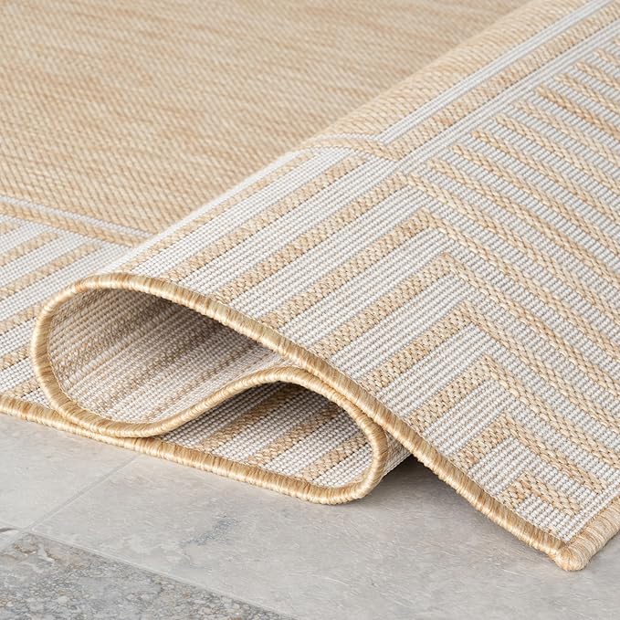 nuLOOM 9'6" x 12' Outdoor/Indoor Asha Area Rug, Tan, Casual Design with Striped Border, Stain Resistant, Highly Durable, for Patio, Balcony, Bedroom, Living Room, Dining Room, Bathroom