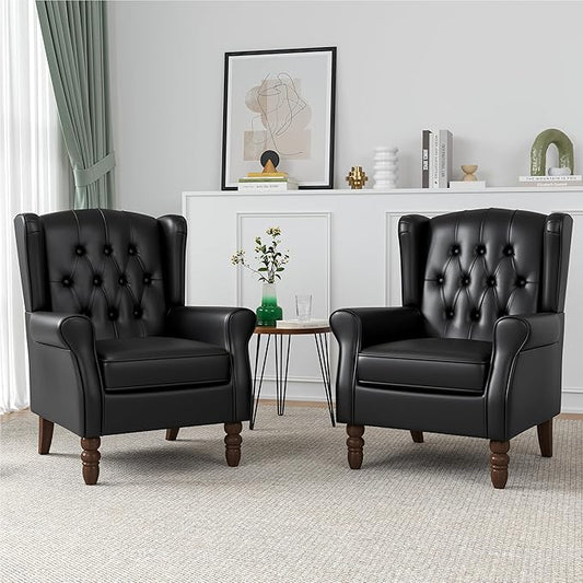 High Back Accent Chairs Set of 2, Faux Leather Wingback Chair for Living Room, Button-Tufted Upholstered Armchair with Solid Wood Legs, Comfy Single Sofa Reading Chair for Bedroom, Black