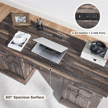 OKD 60" Executive Desk with Drawers, Farmhouse Home Office Desk with Charging Station, Keyboard Tray, File Cabinet Storage, Wood Computer Desk for Work and Study, Dark Rustic Oak