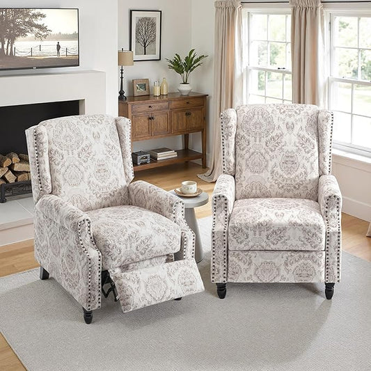 Wingback Recliner Chair Set of 2, Floral Fabric Pushback Recliner Chair, Upholstered Armchair Push Back Recliner, Rivet Trim Single Sofa Accent Chair with Wood Legs for Living Room, Beige