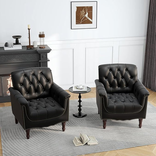UIXE Faux Leather Accent Chairs Set of 2, Comfy Club Chair Upholstered Armchair for Living Room, Button Tufted Arm Chair Retro Single Sofa Side Reding Seat for Bedroom - Black