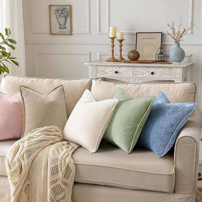 decorUhome Chenille Soft Throw Pillow Covers 20x20 Set of 2, Farmhouse Velvet Neutral Decorative Euro Pillow Covers with Stitched Edge for Couch Sofa Bed Home Decor, Beige