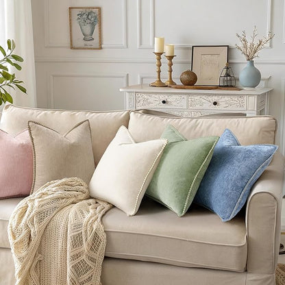 decorUhome Chenille Soft Throw Pillow Covers 20x20 Set of 2, Farmhouse Velvet Neutral Decorative Euro Pillow Covers with Stitched Edge for Couch Sofa Bed Home Decor, Beige