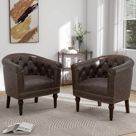 Pia Ricco Faux Leather Barrel Accent Chair, Comfy Club Armchair with Solid Wood Legs, Nailhead Trim Upholstered Single Sofa Chair for Living Room Bedroom/Reading Room, Chocolate, Set of 2