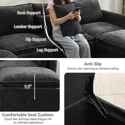 30" Cloud Modular Single Sofa Chair with Storage Ottoman, Modern Upholstered Accent Chair with Storage, Chenille Reading Lounge Armchair for Living Room, Bedroom, Small Space, Black