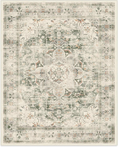 RUGGABLE Washable Vintage Area Rug – Sarrah Sage 8x10, Stain-Resistant, Non-Slip – Large Machine Washable Rugs for Living Room, Bedroom, Hallway, Entryway & Office–with Cushioned Pad