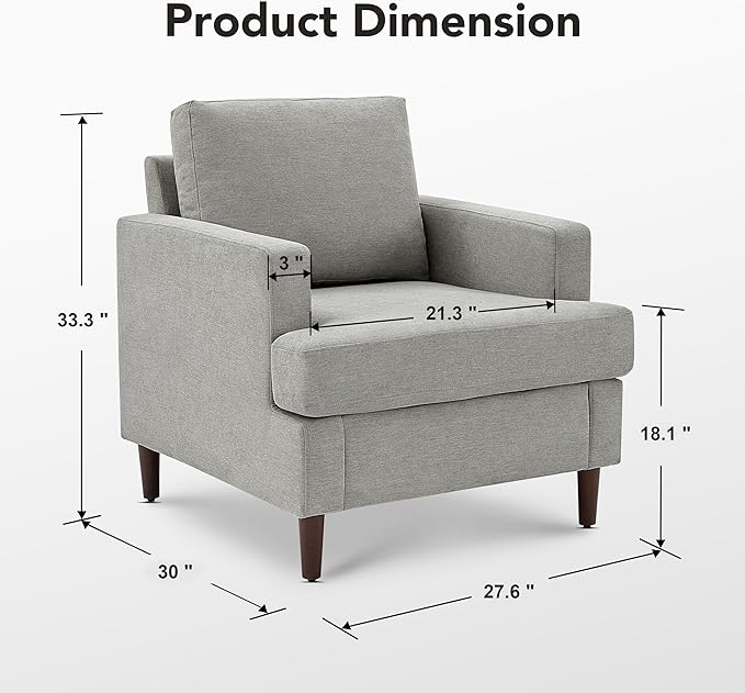 Mid-Century Accent Chair,Modern Linen Fabric Armchair for Living Room,Comfy Upholstered Reading Accent Chairs for Bedroom,Single Sofa Chair with Wood Legs (Light Grey, 2 Pack)