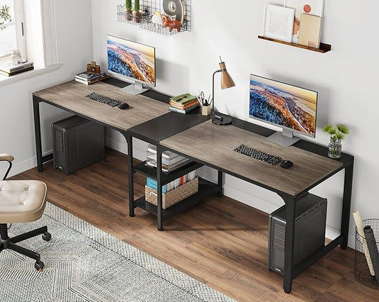 LITTLE TREE 90.5 Inch Large Double Home Office Compuer Desk Two Person Study Table