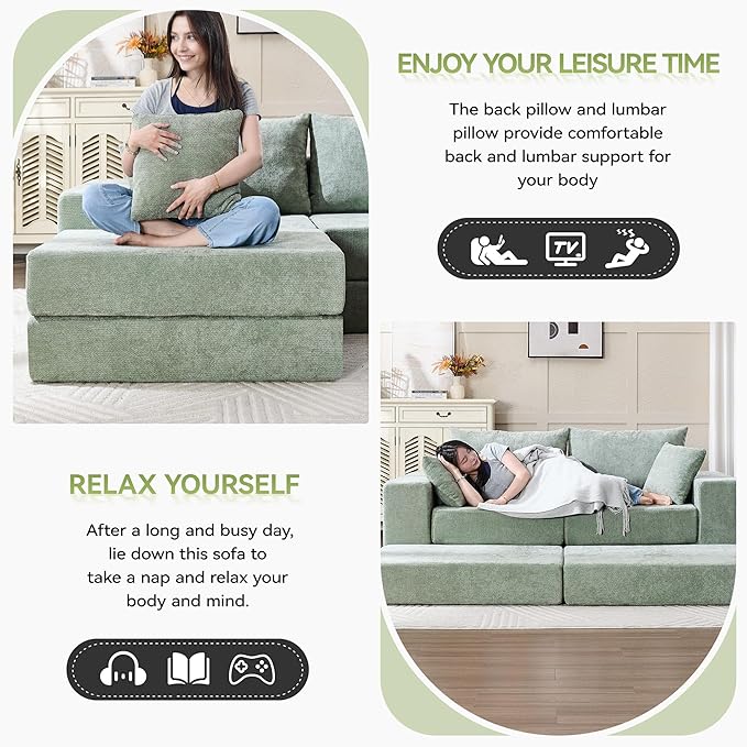 79" Boneless Loveseat Sofa Couch, Modular Foldable Floor Cloud Sofa with Ottoman, Lounge Convertible Sofa Bed for Living Room, No Assembly, Chenille Green