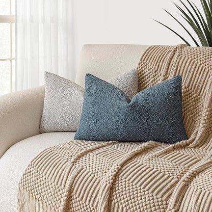 Foindtower Pack of 2 Modern Textured Boucle Throw Pillow Covers Accent Solid Decorative Lumbar Pillow Cases Cozy Couch Cushion Case for Chair Sofa Bedroom Living Room Home Decor, 12 x 20 Inch,Blue