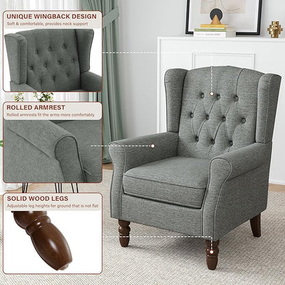 High Back Accent Chair, High Wingback Chair for Living Room, Button-Tufted Upholstered Fabric Armchair with Solid Wood Legs, Comfy Single Sofa Reading Chair for Bedroom, Gray
