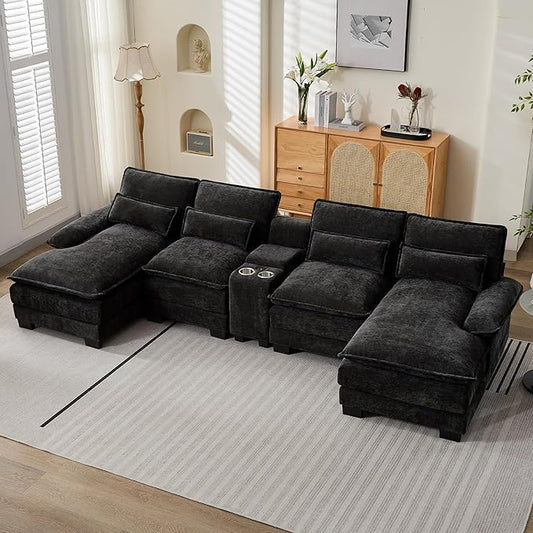 U Shaped Sectional Sofa with Storage Console, Cup Holders & USB Ports, Small Modular Cloud Couch with Deep Seats, Modern Comfy Living Room Sofa for Apartment, Chenille Black