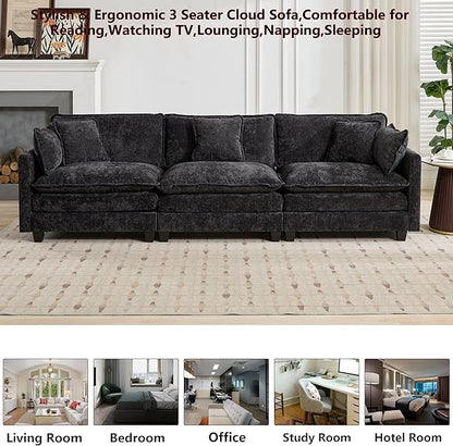 Aoowow Modular Sectional 3 Seater Cloud Sofa Couch for Living Room,113.8" Cloud Sofas with Deep Seat,Modern Chenille 3 Seat Sofas,Fluffy Cloud Couches for Bedroom,Apartment,Office (Black, 3 Seater)
