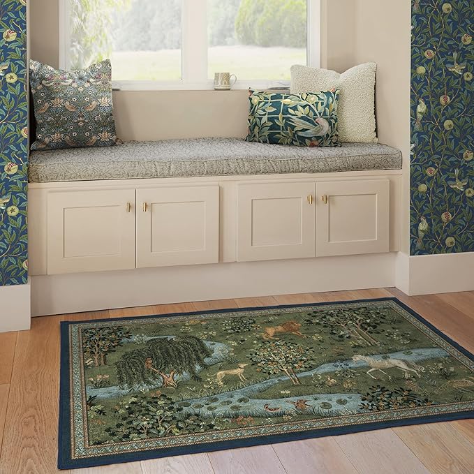 RUGGABLE x Morris & Co Washable Area Rug – Owl & Willow Green 4x6, Stain-Resistant, Non-Slip – Medium Machine Washable Rugs for Living Room, Bedroom, Hallway, Entryway & Office–with Standard Pad