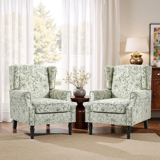 Accent Chair, Upholstered High Back Floral Armchair with Nailhead Trim & Wood Legs, Comfy Wingback Reading Single Sofa Chair for Small Spaces, Living Room, Bedroom-Floral Rococo Green, Set of 2