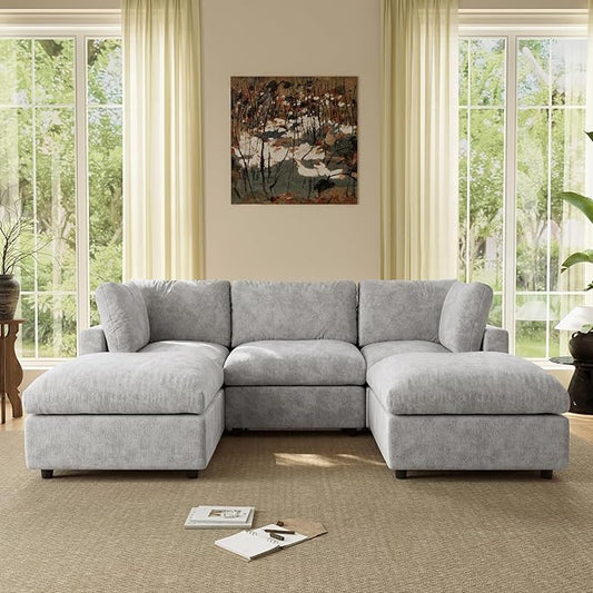 WJShome 100 Inch U Shaped Modern Sofa Modular Sectional Cloud Couch with 2 Ottoman, 4-Seat Chenille Deep Seat Couches for Living Room, Bedroom and Apartment，Gray
