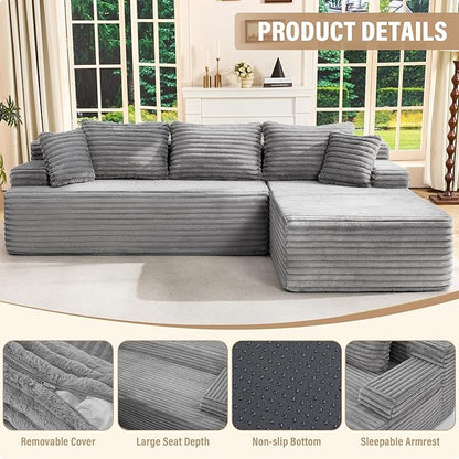 Hobestluk Modular Sectional Couch Sofa, 108" Boneless Couches for Living Room, Memory Foam Sectional Couch with Oversized Chaise,L-Shape Couches (Grey, Right Facing)