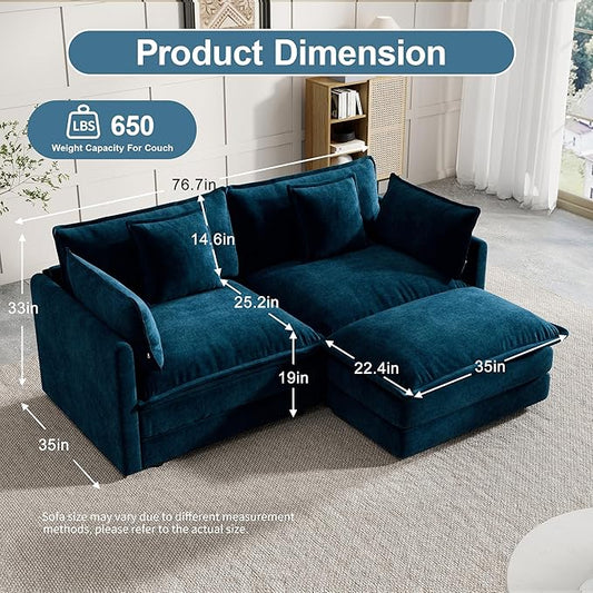 Modular Sectional Sofa, 76.7 Inch L-Shaped Cloud Sofa with Deep Seat Comfortable Chenille Sofa with Cushion Double Sectional Sofa for Living Room Apartment,Blue