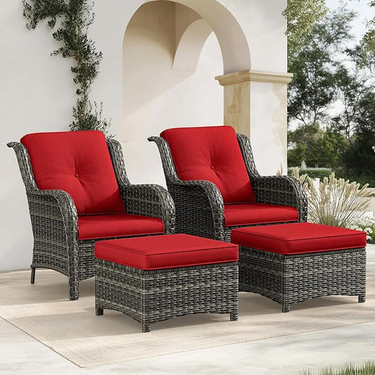4 Pieces Patio Conversation Set, Wicker Chairs Set of 2 and Two Ottomans with 3.5-inch Seat Cushions, High Back and Curved Armrest for Backyard, Balcony and Deck, Red