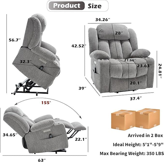 Power Lift Chair for Elderly, Electric Recliner Chair with 8-Point Vibration Massage and Lumbar Heating, Charging Ports, Cup Holders, Standing Assistance Reclining - Light Gray