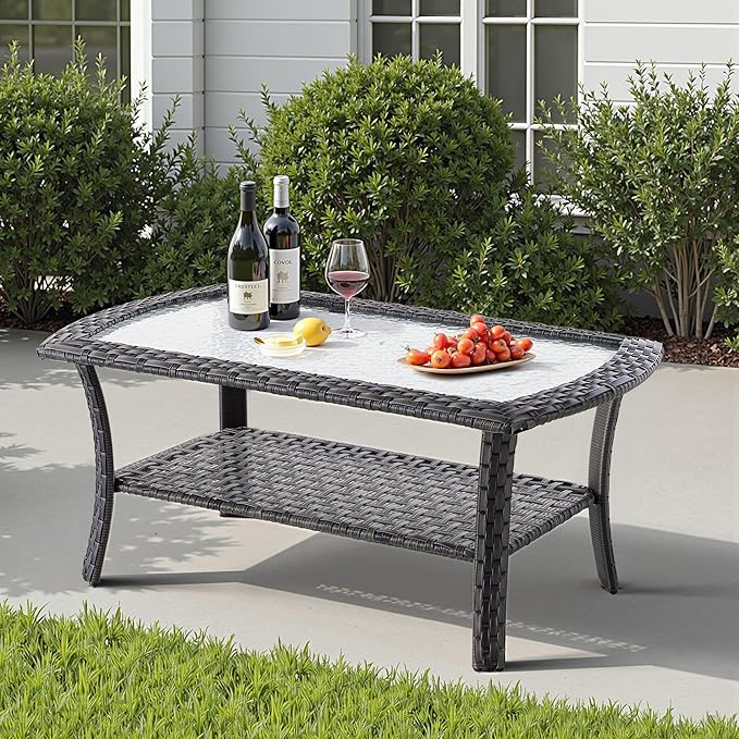 2 Pieces Wicker Patio Furniture Loveseat with Table - Outdoor Rattan Patio Bistro Set of 2,All-Weather PE Wicker Conversation Sofa High Back Deep Seating for Deck Porch Yard,Black