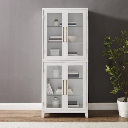 Crosley Furniture Roarke Glass Door Kitchen Pantry Storage Cabinet with Doors and Shelves, Living Room, White
