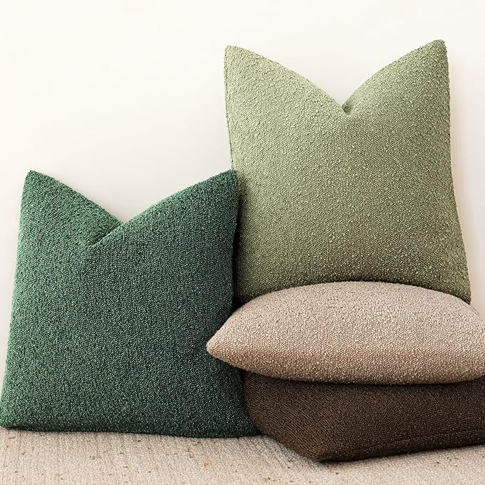 Foindtower Set of 2, Decorative Textured Boucle Throw Pillow Covers Accent Solid Pillow Cases Neutral Cozy Couch Cushion Case for Chair Sofa Bedroom Living Room Home Decor 24x24 Inch Pine Green