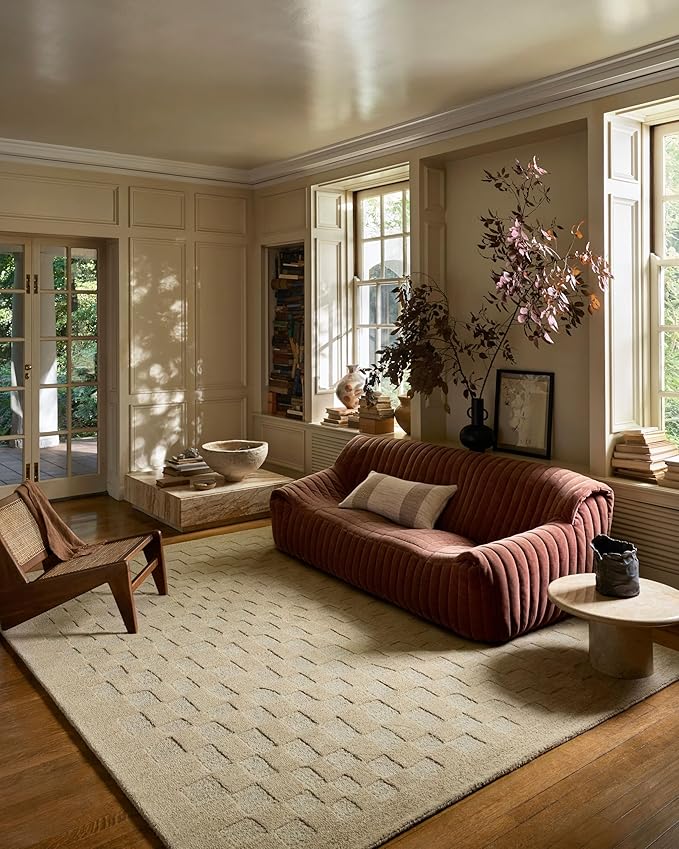 Loloi Leanne Ford Craven Collection CVN-04 Oatmeal/Dove 5'-0" x 7'-6" Area Rug Checkered, Patterned, Neutral, Living Room, Bedroom, Dining Room