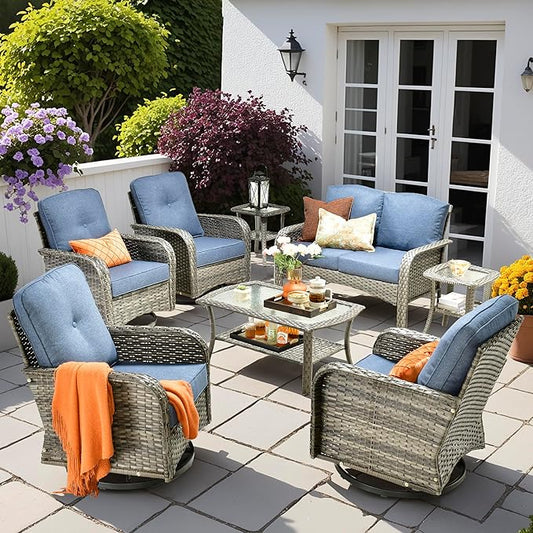 8 PCS Patio Outdoor Furniture Set with Swivel Rocking Chairs,All Weather Wicker Rattan Patio Seating Sofa and Chairs Set,Outdoor Conversaiton Sets for Deck Yard Prrch Garden Poolside,Blue