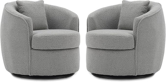 Swivel Accent Chair Set of 2, Modern Upholstered Boucle Barrel Arm Chairs with Pillow for Living Room, 360 Degree Round Swivel Sherpa Armchair with Round Base for Bedroom Club (2, Grey)