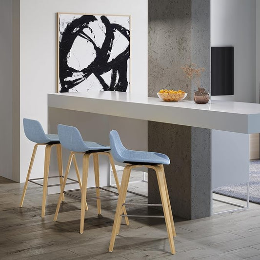SIMPLIHOME Randolph Counter Stools (Set of 2) - 28 Inch Seat Height Upholstered Bentwood Kitchen Seats in Denim Blue Polyester Linen, Mid Century Modern Seating with Curved Backrest and Footrest