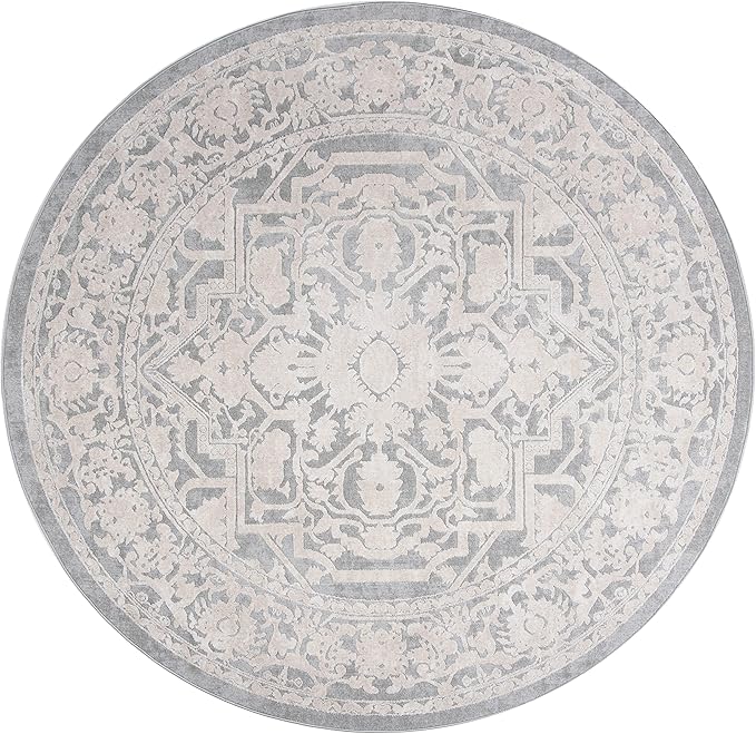 SAFAVIEH Area Rug 3' Round - Reflection Collection - Light Grey & Cream, Non-Shedding & Easy Cleaning, Ideal for Foyer, Living Room, Bedroom (RFT665C)