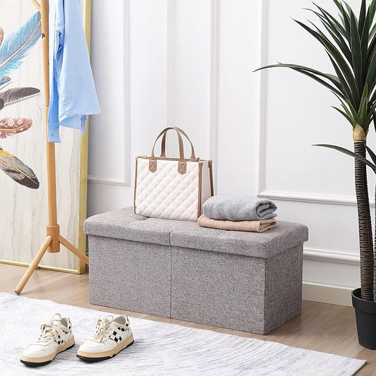 CUYOCA Storage Ottoman Bench Foldable Seat Footrest End of Bed Ottoman with Flipping Lid for Living Room, 75L, 30 inches Linen Fabric Grey