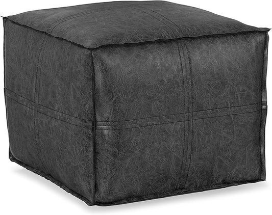 SIMPLIHOME Brody 18-inch Wide Square Pouf in Distressed Black Vegan Faux Leather, Boho-Style Ottoman, Footstool or Extra Seating for Living Room, Assembled