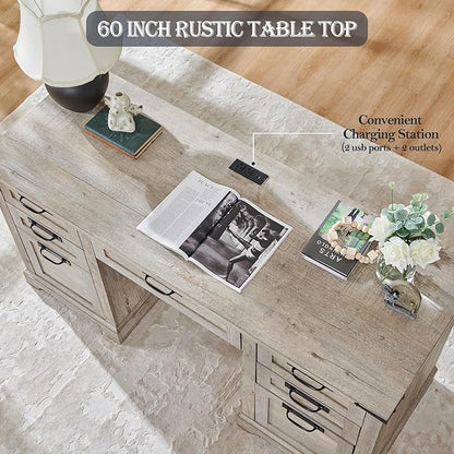 RedLemon 60" Farmhouse Executive Desk with Drawers, Wood Home Office Desk w/Charging Station, Keyboard Tray, File Drawer, Storage Cabinet, Rustic Computer Writing Desk (Light Rustic Oak)