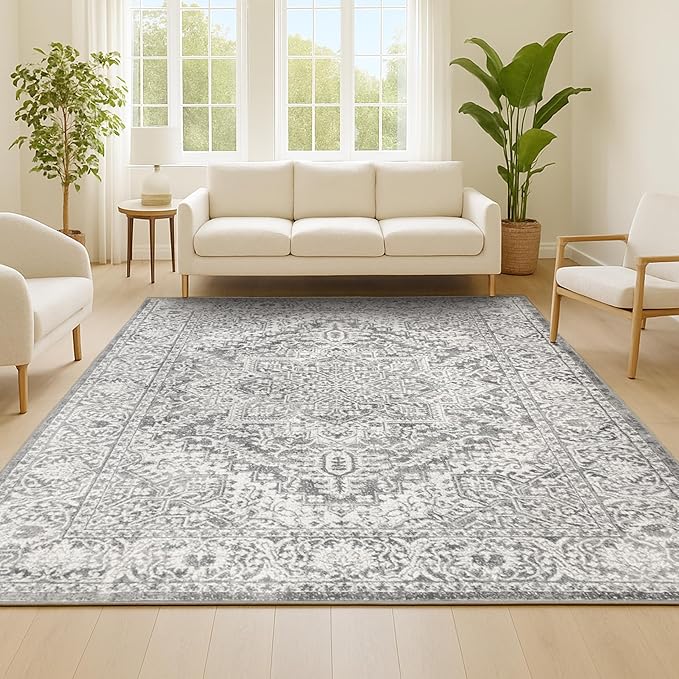 JONATHAN Y Modern Vintage Medallion Light Gray Indoor Area Rug, 8x10, Country, Floral, Easy-Cleaning for Living Room, Bedroom, Kitchen, Pet Friendly, Non-Shedding (MDP100A-8)