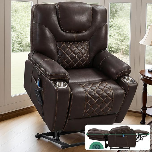 Lift Chair for Elderly: 9988 High Density Foam Lay Flat Heat and Massage, Reclining to 180, 2 Pockets Cup Holders, 2 Remote Controls, Dual OKIN Motors - Breathable Leather Reddish Brown
