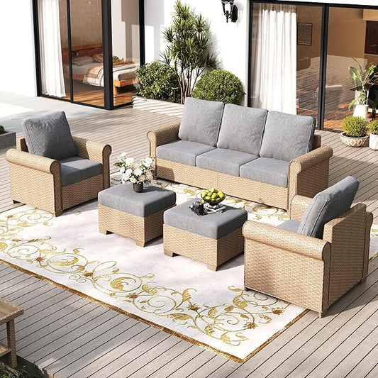 Patio Furniture Set 5 pcs, Wicker Rattan Outdoor Furniture with 5.5” Thick Cushions, 3-Seat Sofa, 2 Chairs and 2 Ottomans, Outdoor Conversation Set for Garden Backyard Deck, 7 Seats Grey