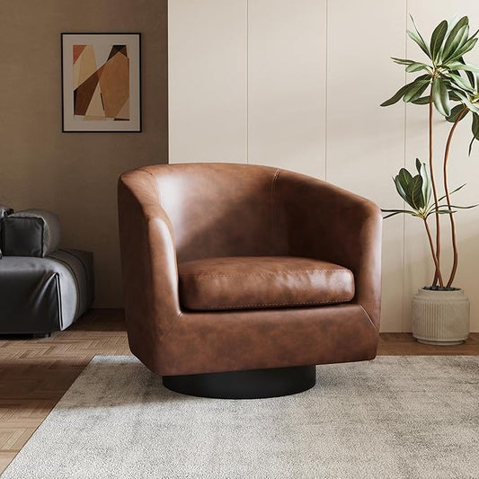 Lumibee Swivel Accent Chair, Faux Leather Swivel Barrel Chair for Living Room, Modern Comfy Upholstered Round Armchair Single Sofa Chair for Bedroom, Club-Coffee