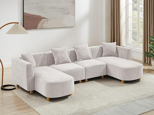 VANOMi 113" Sectional Sofa with 4 Pillows, U-Shaped 4-Seater Comfy Boucle Cloud Couch, Modern Double Chaises Lounge Sofas for Living Room, Office, Apartment (Light Khaki-U)