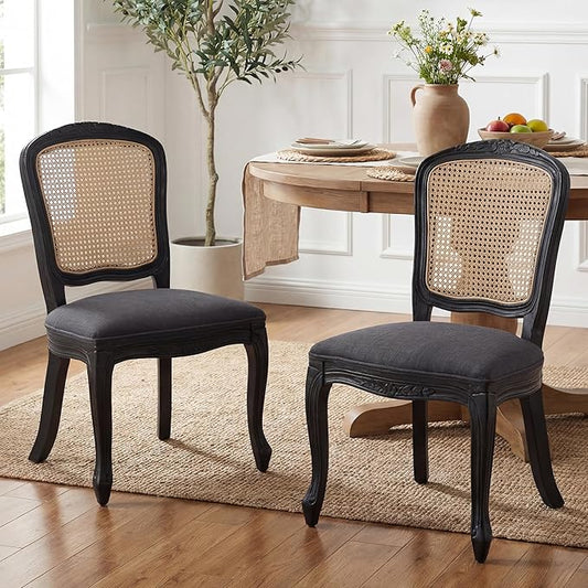 Wicker Dining Chairs Set of 2, Upholstered Linen Fabric Dining Room Chairs with Square High Rattan Back Farmhouse French Kitchen Chairs for Dining Table/Living Room/Restaurant, Black