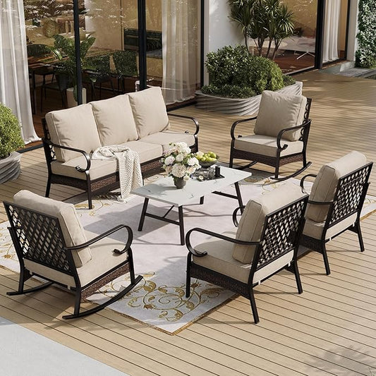 6 Piece Metal Outdoor Patio Furniture Set, Patio Conversation Set 1 3-Seater Sofa, 2 Fixed Sofa, 2 Rocking Sofa with 5.75" Thick Cushion & Coffee Table Black Backyard Furniture, Beige
