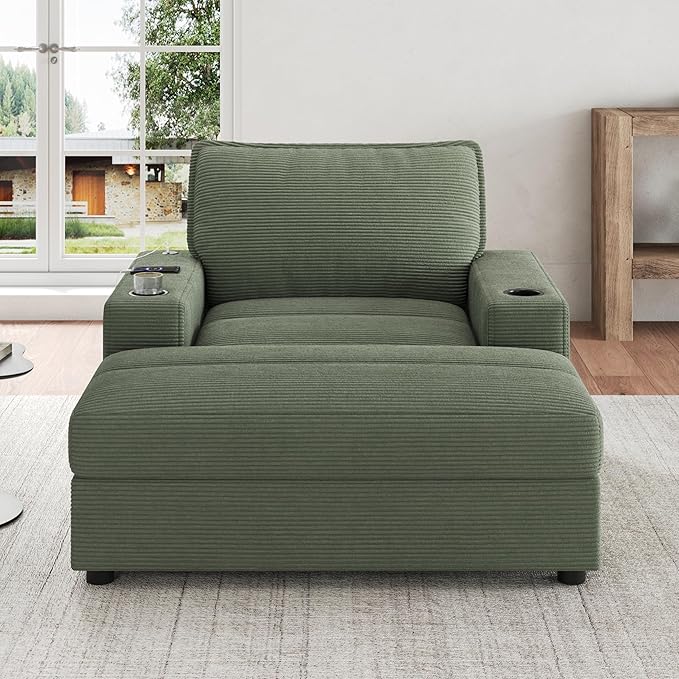 Christopher Knight Home Zoe Oversized Chaise Lounge Chair Indoor with Cup Holders & USB Charging Port, Corduroy Upholstered Sofa Bed + Ottoman with Storage, Comfy Deep Seat Sleeper Sofa Chair, Green
