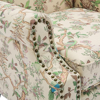 UIXE High Back Floral Accent Chair, Fabric Upholstered Armchair Wingback Arm Club Chair for Living Room, Nailhead Trim Single Sofa Bedroom Side Reading Seat with Solid Wood Legs - Bird Pattern