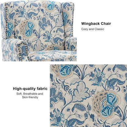 Accent Chair, Upholstered High Back Floral Armchair with Nailhead Trim & Wood Legs, Comfy Wingback Reading Single Sofa Chair for Small Spaces, Living Room, Bedroom ( Boho Blue Floral, Set of 2)