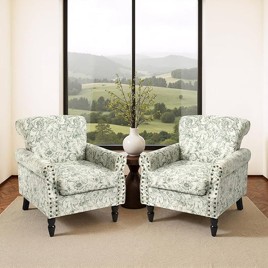 Accent Chair, Upholstered High Back Floral Armchair with Nailhead Trim & Wood Legs, Comfy Wingback Reading Single Sofa Chair for Small Spaces, Living Room, Bedroom (Rococo Green, Set of 2)