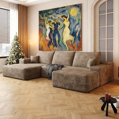 107.5" Compressed Boneless Couch with Ottoman, 2 Seater Large U Shaped Sectional Couches for Living Room, Camel Corduroy Cloud Modular Sectional Sofa, Memory Foam, No Assembly，Light Facing Chaise