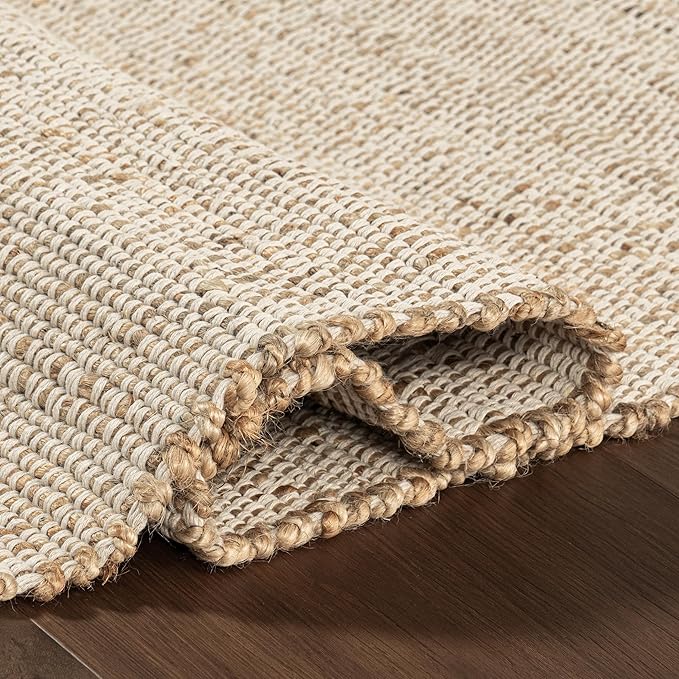 nuLOOM 8 Round Elfriede Jute & Cotton Hand Woven Area Rug, Natural, Solid Rustic Farmhouse Style, Weaved Design, Natural Fiber, For Bedroom, Living Room, Dining Room, Hallway, Office, Entryway