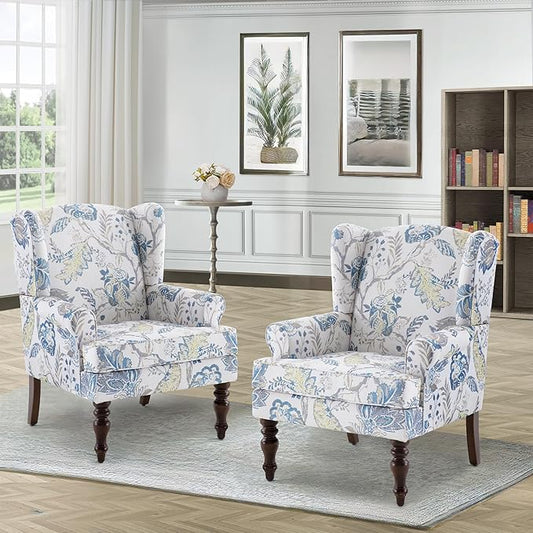 HUIMO Living Room Chair Upholstered High Back Armchair Retro Printed Wingback Chair in Linen for Bedroom & Study Comfy Accent Sofa Chair Reading Chair Holds 300lbs (Navy Blue) (2, Blue Floral-2PCS)